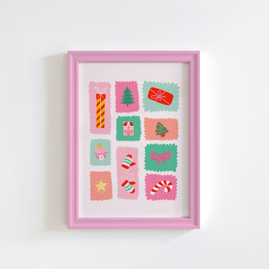 Christmas Stamps Print - Pastel Coloured Festive Art