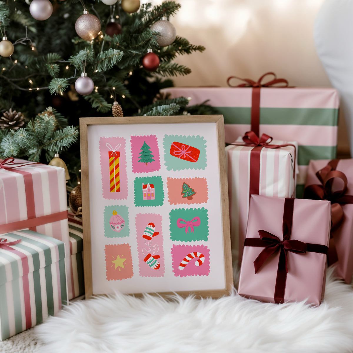 An illustrated Christmas print featuring small scalloped edged stamp-like shapes each with their own festive themed doodle inside.
