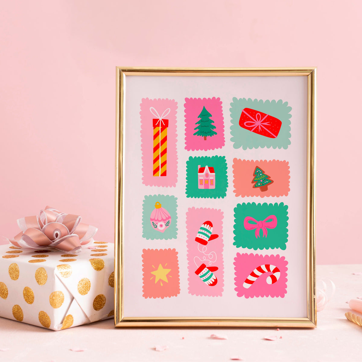 An illustrated Christmas print featuring small scalloped edged stamp-like shapes each with their own festive themed doodle inside.