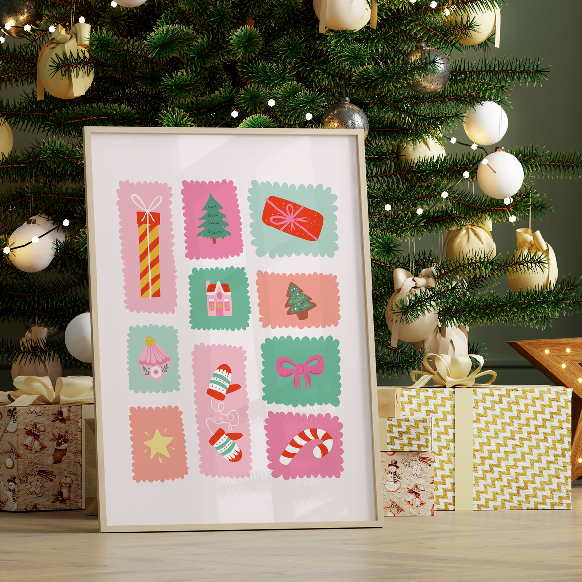 An illustrated Christmas print featuring small scalloped edged stamp-like shapes each with their own festive themed doodle inside.