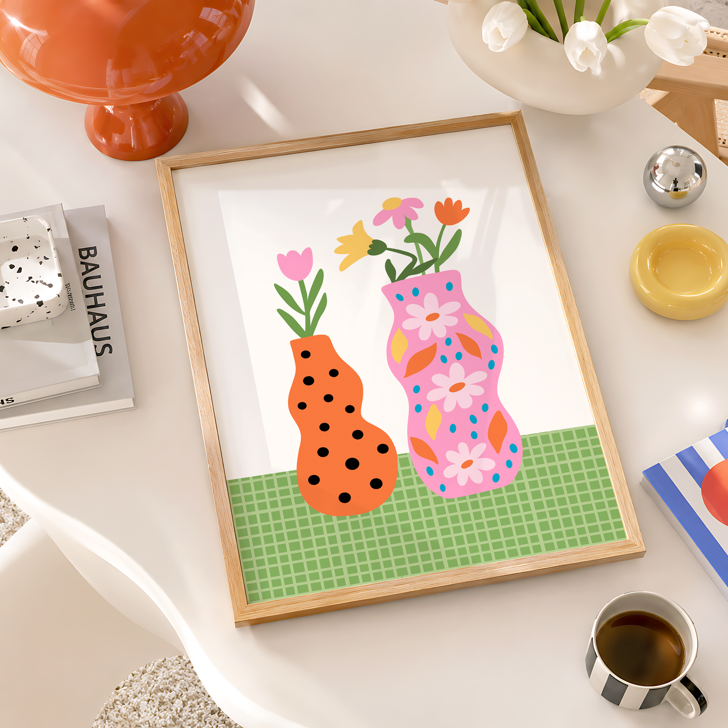 Colourful Vases Print in Pink, Orange and Green