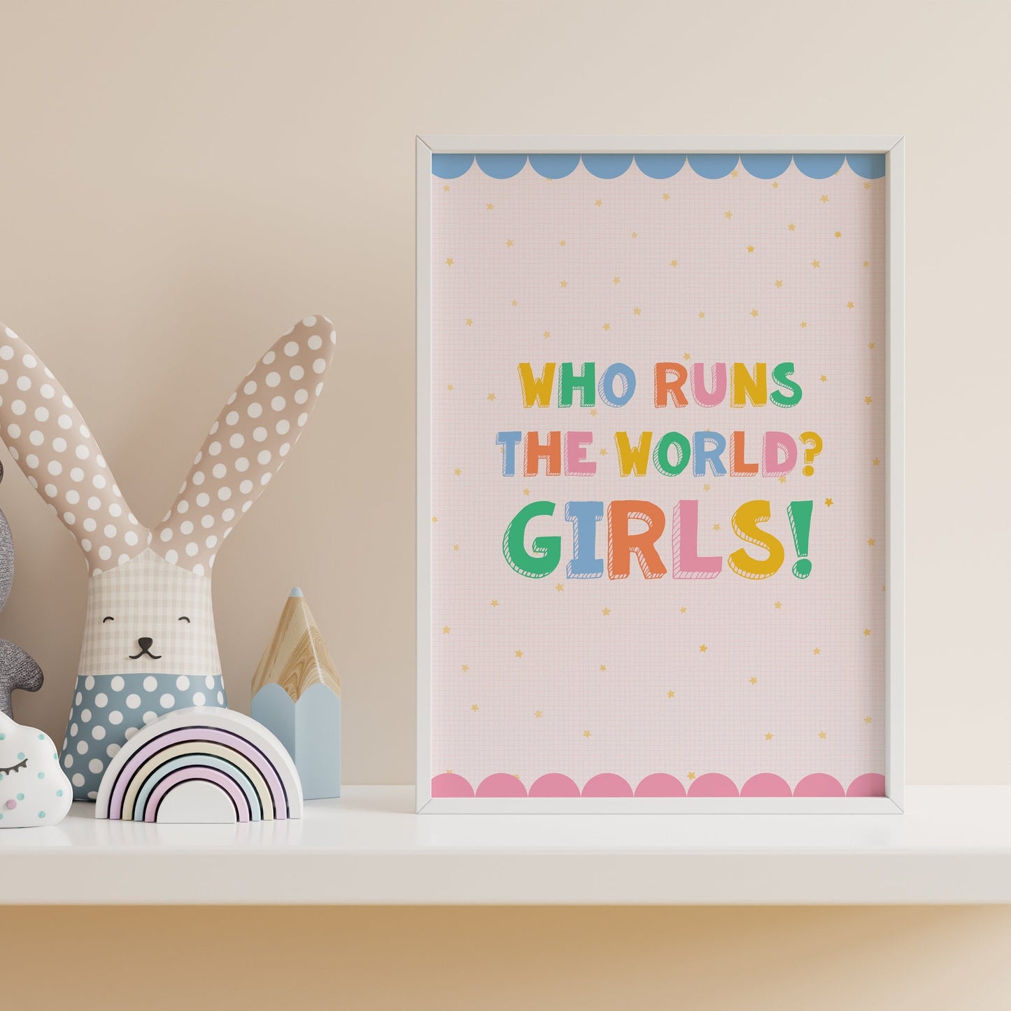 A colourful print for women and girls everywhere, that says 'who runs the world? girls!' with a scalloped edging and starry background.