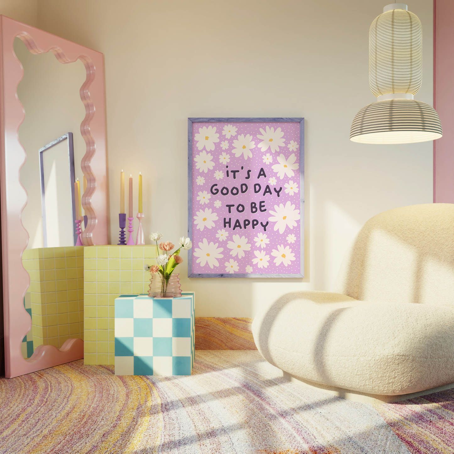 A purple print, with the message 'it's a good day to be happy' surrounded by white daisies. 