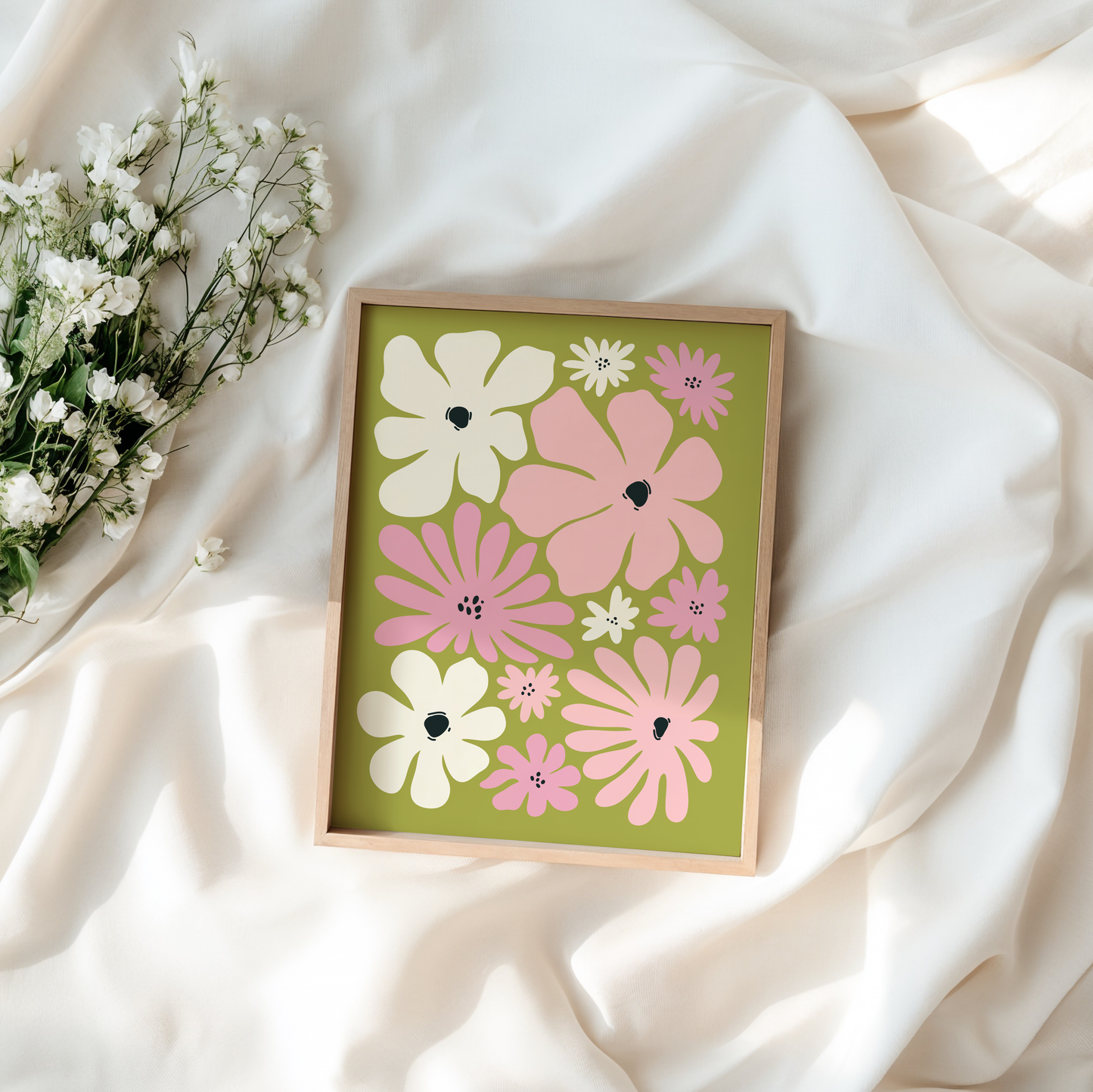 Pink And Green Retro Flowers Print