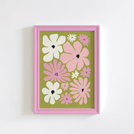 Pink And Green Retro Flowers Print