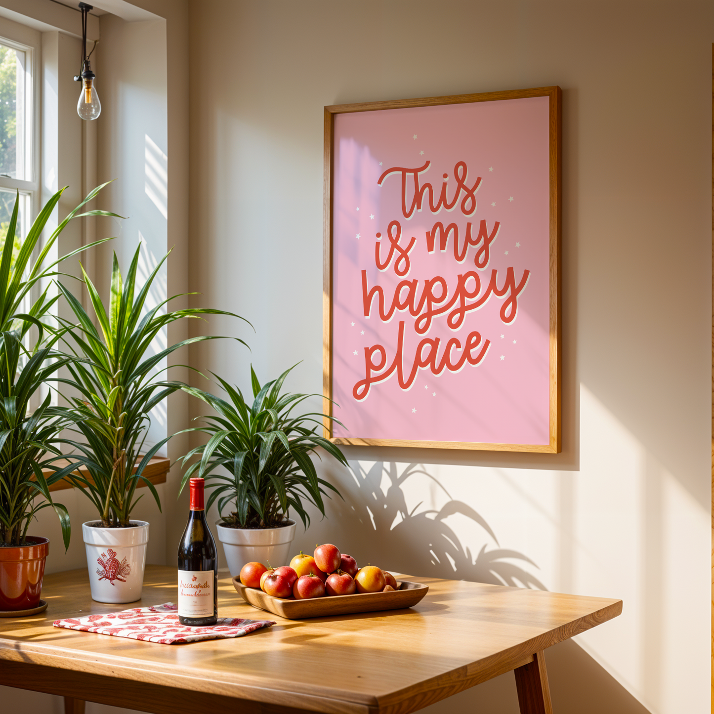 Home interior with a table, plants, wine bottle, and 'This is my happy place' framed text on the wall.