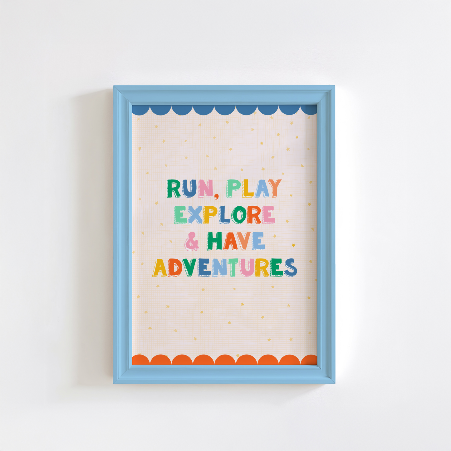 A colourful print for kids rooms or nurseries, saying 'run, play, explore & have adventures'.