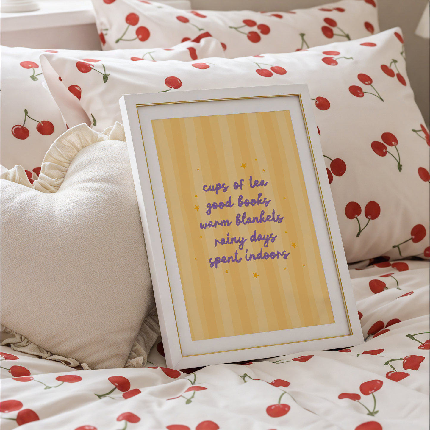 Cups Of Tea & Cosy Nights Quote Print in Yellow