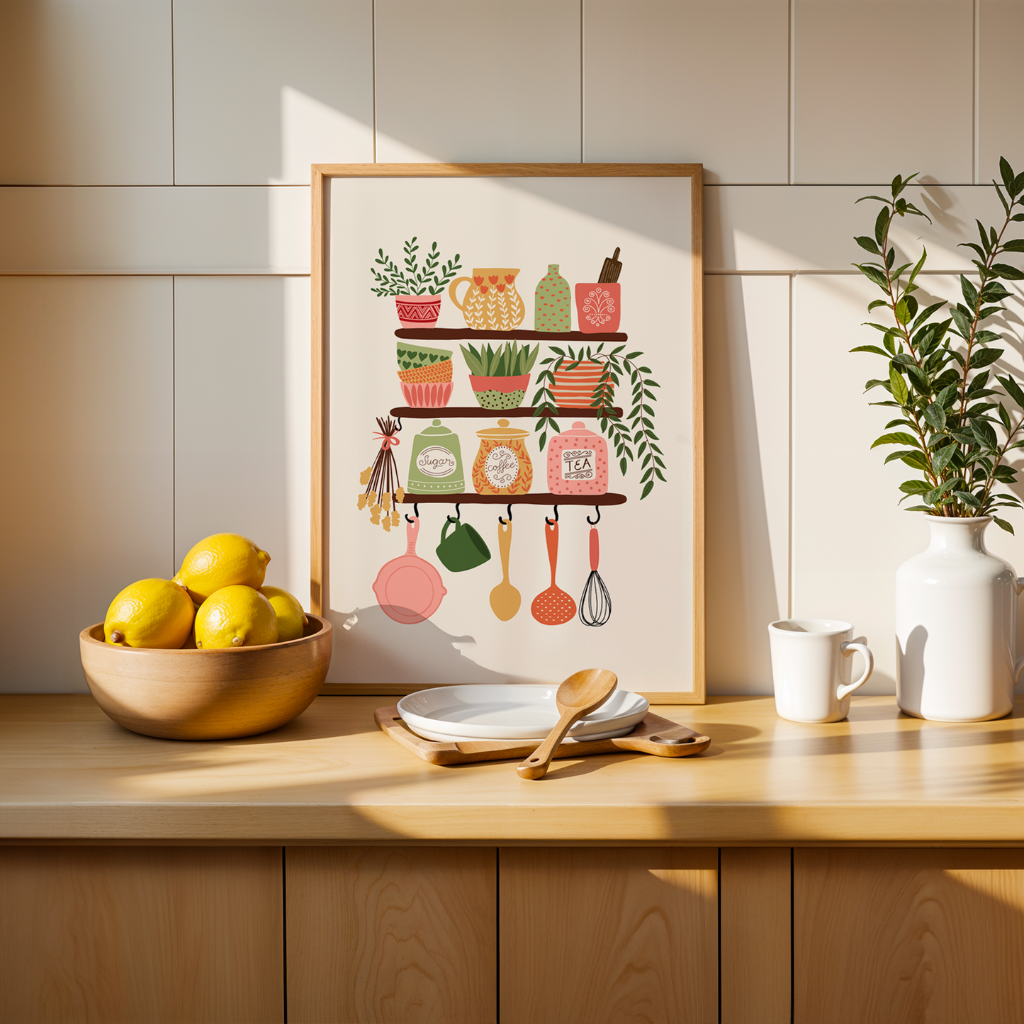 Kitchen scene with a framed print of kitchen items on a white tiled wall.