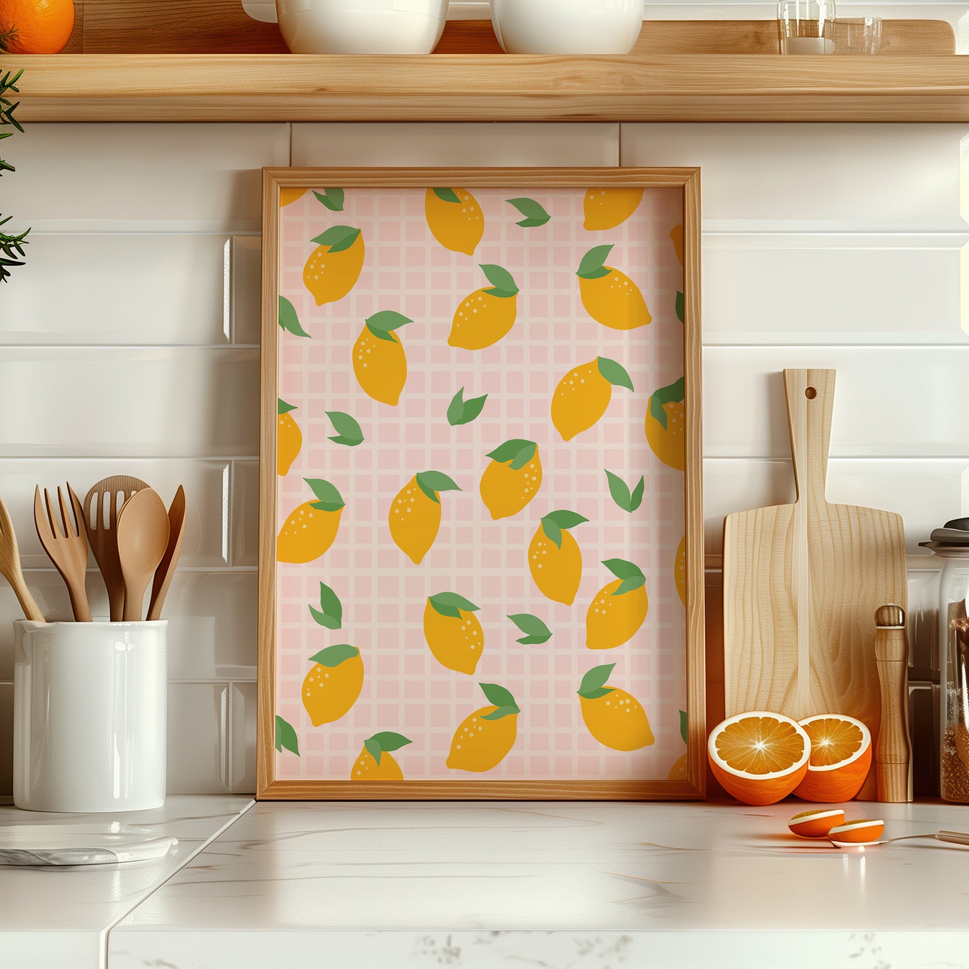 A framed art print with a pattern of yellow lemons on a pink checkered background.