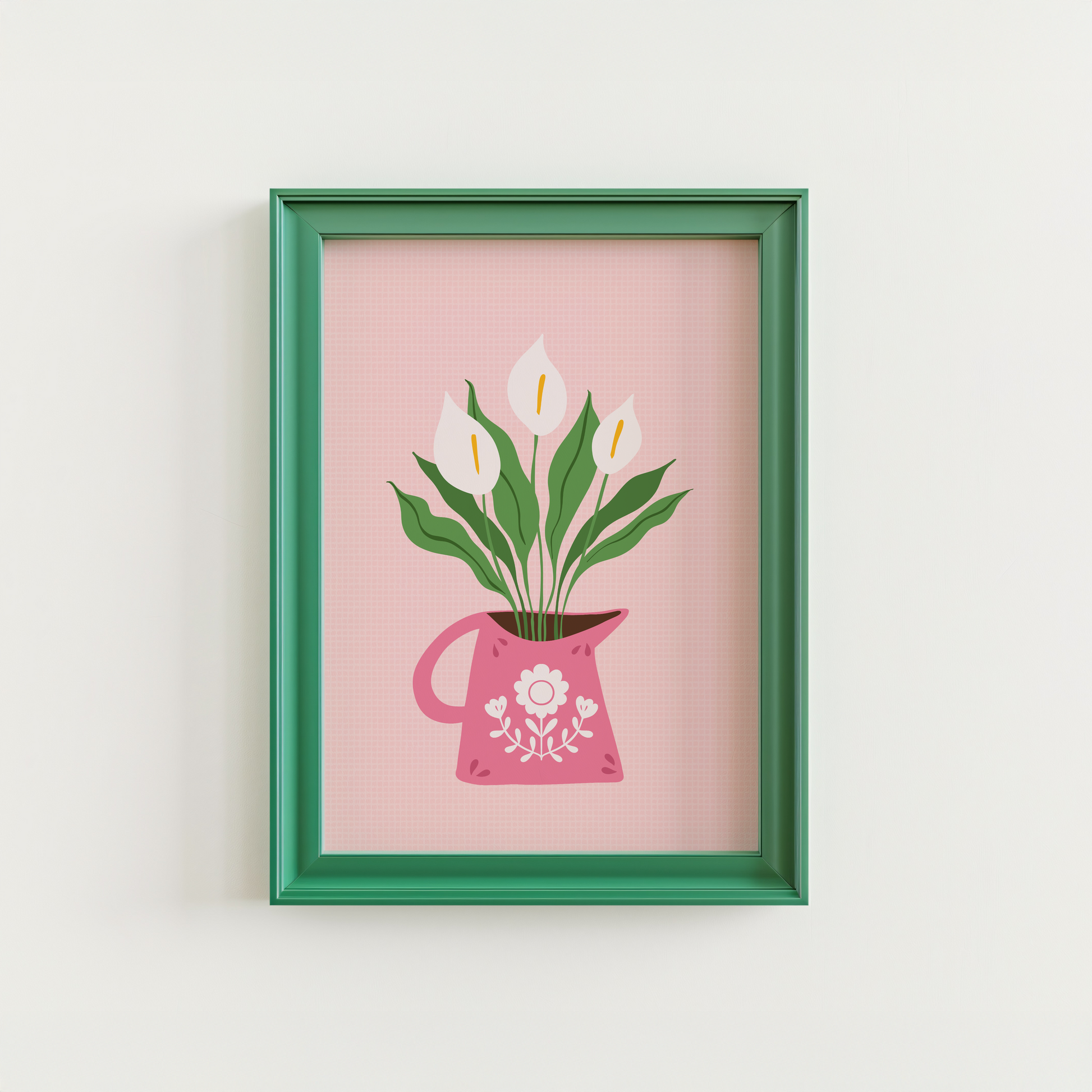 An illustration of a bright pink vase, filled with calla Lillies, on a night pink background.