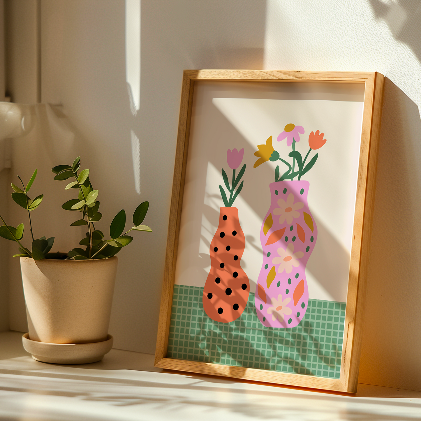A vibrant vases print, in shades of pink orange and green, with flower illustrations.