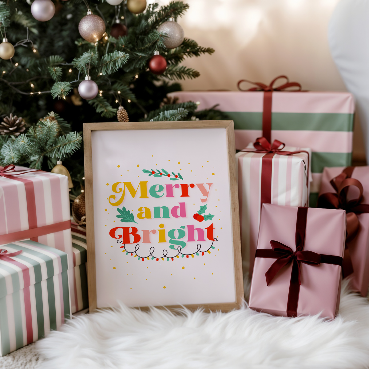 A festive quote print featuring the words 'merry and bright' in lots of bright seasonal colours, surrounded by little festive doodles of Christmas lights and holly.