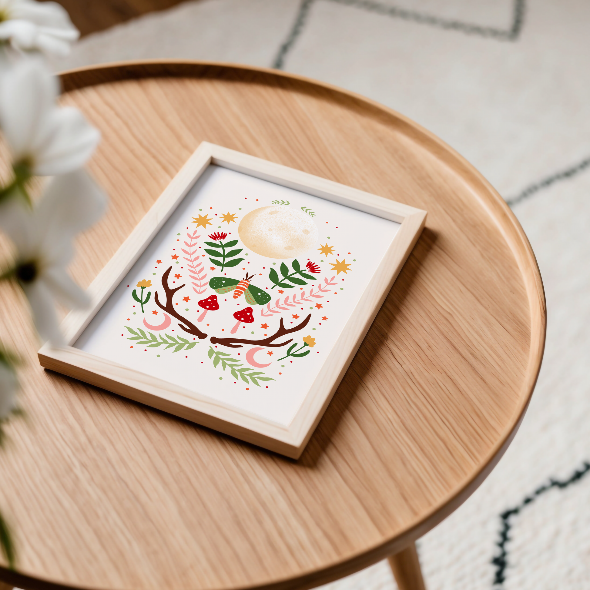 A detailed print on a warm beige background, featuring forest themed illustrations including branches, stars, mushrooms, moths and a large full moon at the top.