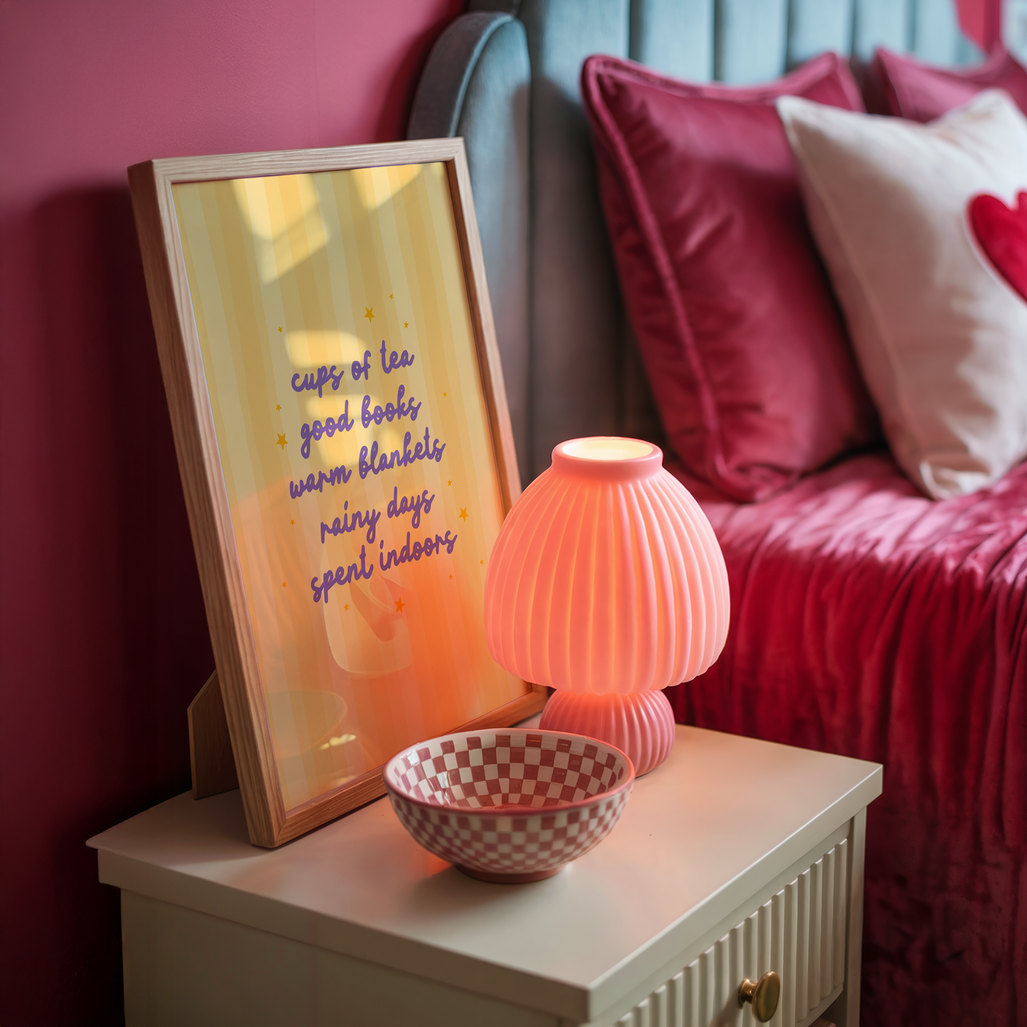 Cups Of Tea & Cosy Nights Quote Print in Yellow