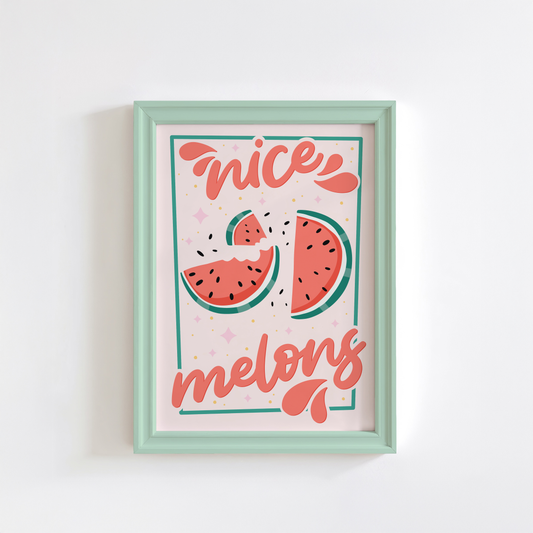 A colourful art print with watermelon illustrations and the text 'Nice Melons' in orange-red hand lettering, shown framed..