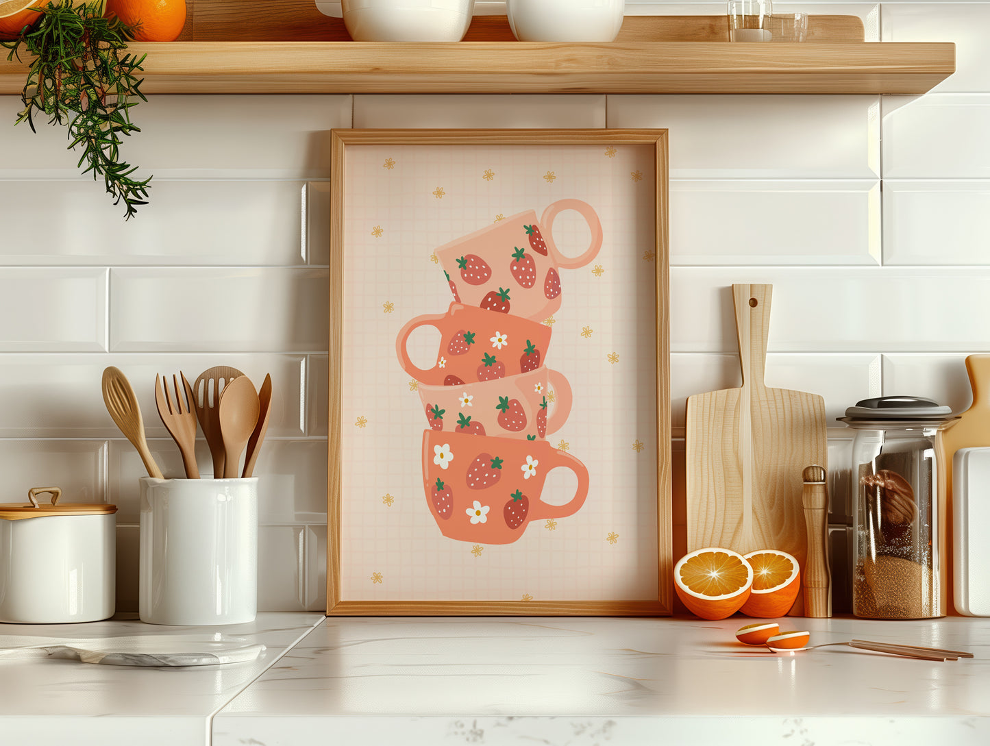 Strawberry Mugs Print - Fruit Themed Kitchen Wall Art