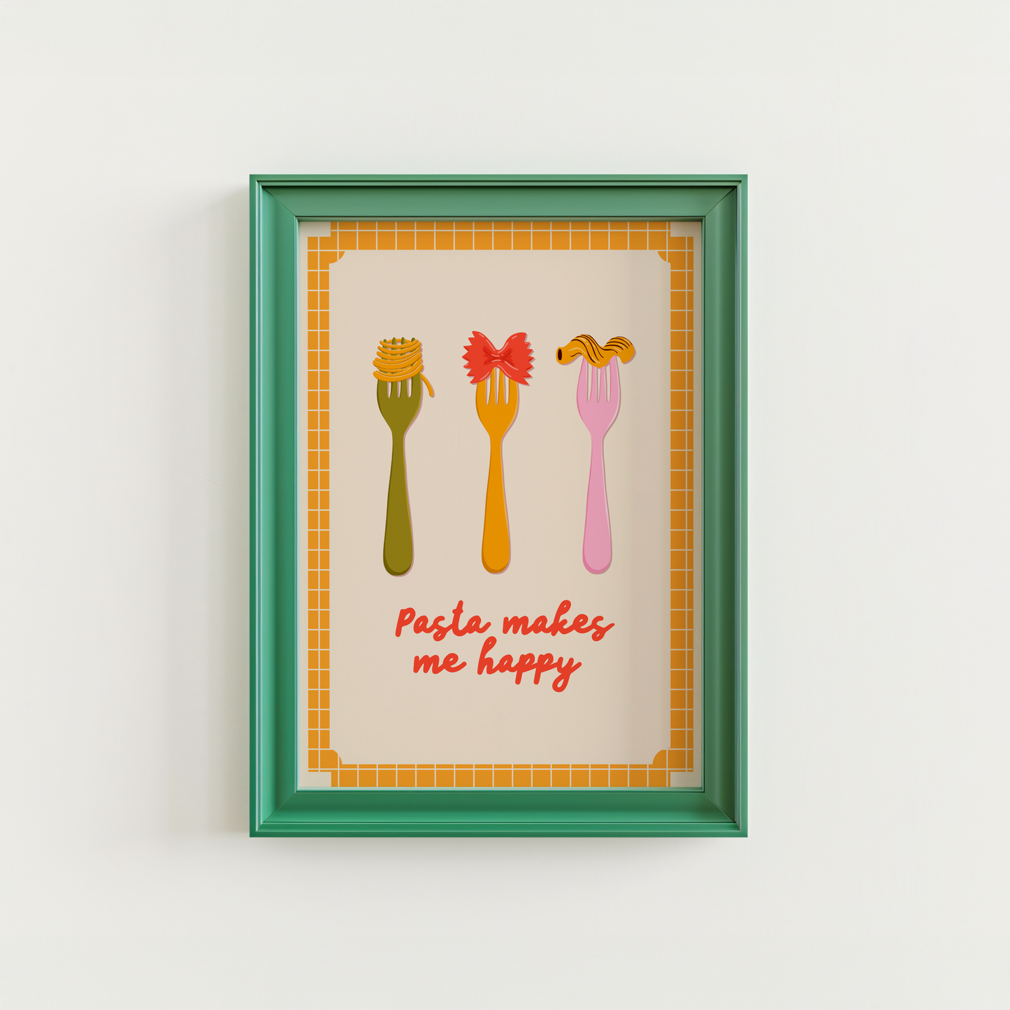 A pasta lovers print, with different shapes pasta on forks, and the words pasta makes me happy underneath. The print is framed by a yellow checked border.