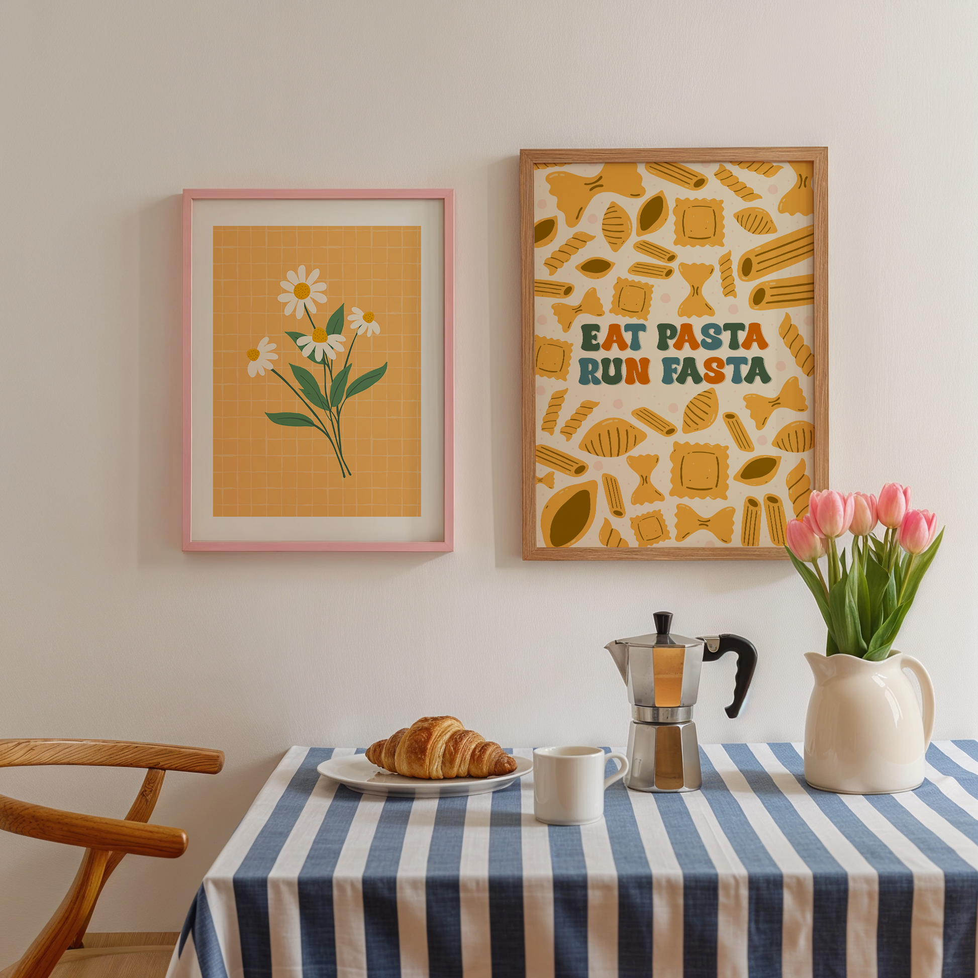 A pasta lovers print, with different shapes of pasta repeating all over the background, and the words eat pasta run fasta in the middle.