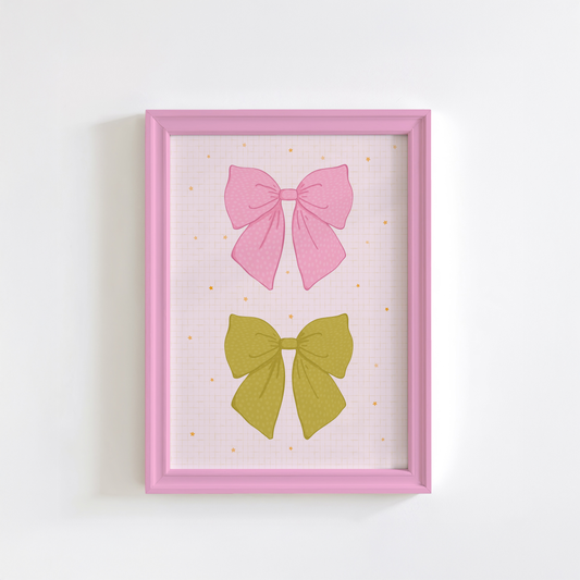 A print with two pretty bow illustrations, one in pink and one in green on a soft check background with little yellow orange stars all over.