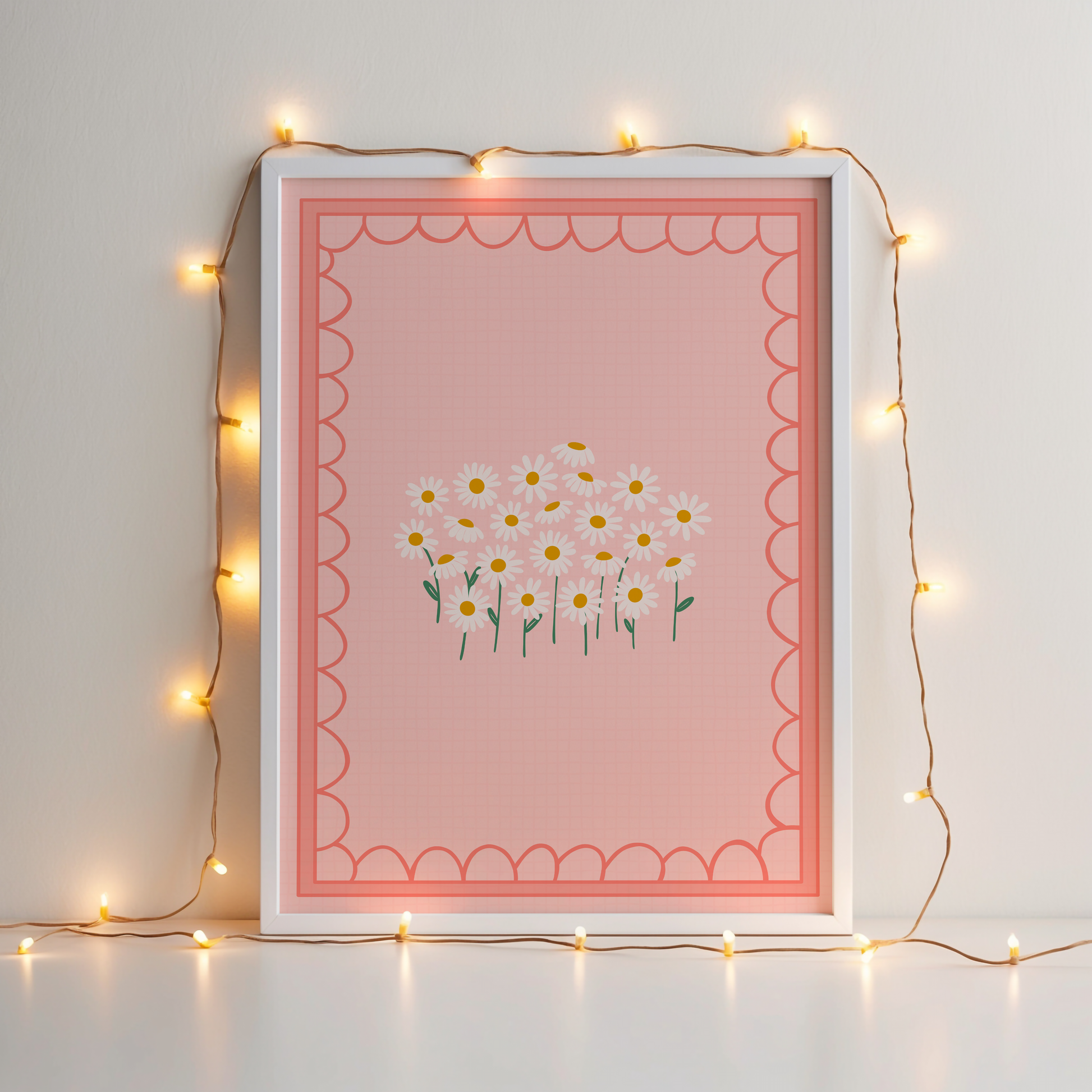 A peachy pink print, with a group of daisies in the centre, framed by a scalloped dark peach background.