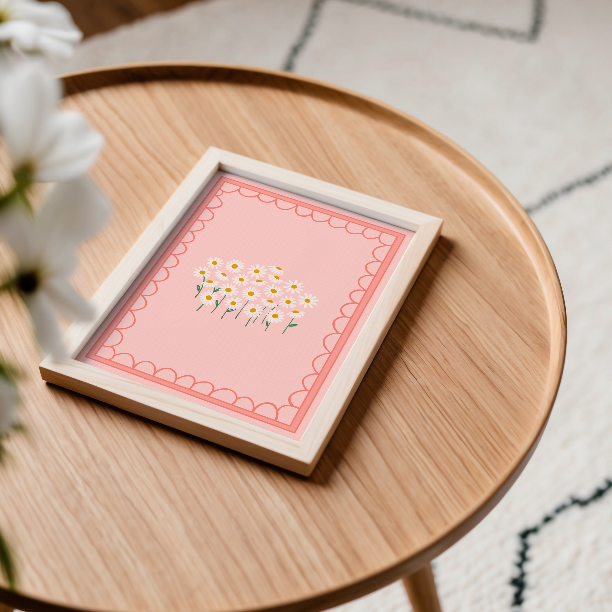 A peachy pink print, with a group of daisies in the centre, framed by a scalloped dark peach background.