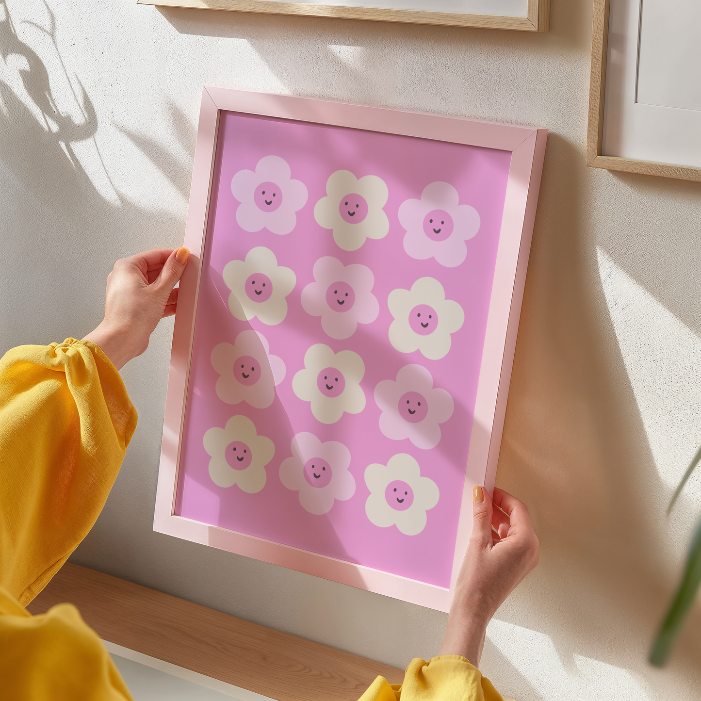 Pink Retro Smiling Flowers Print