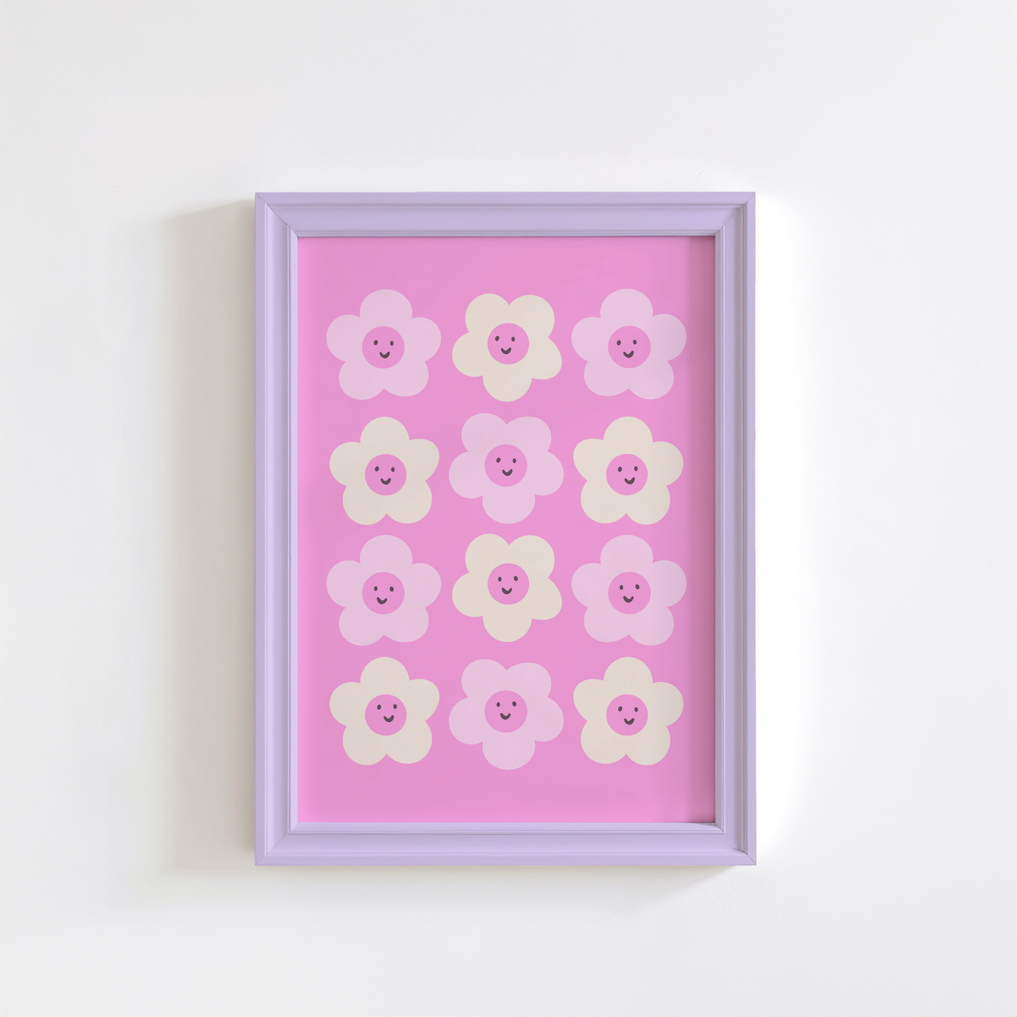 Pink Retro Smiling Flowers Print