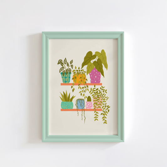 A cute botanical print, featuring several different house plants on two shelves in colourful plant pots.