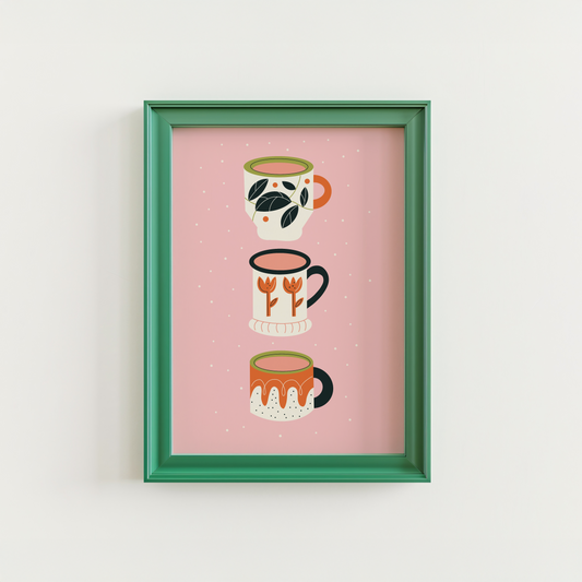 An illustration print of three quirky mug designs, in orange, ream, black and green on a pink background.