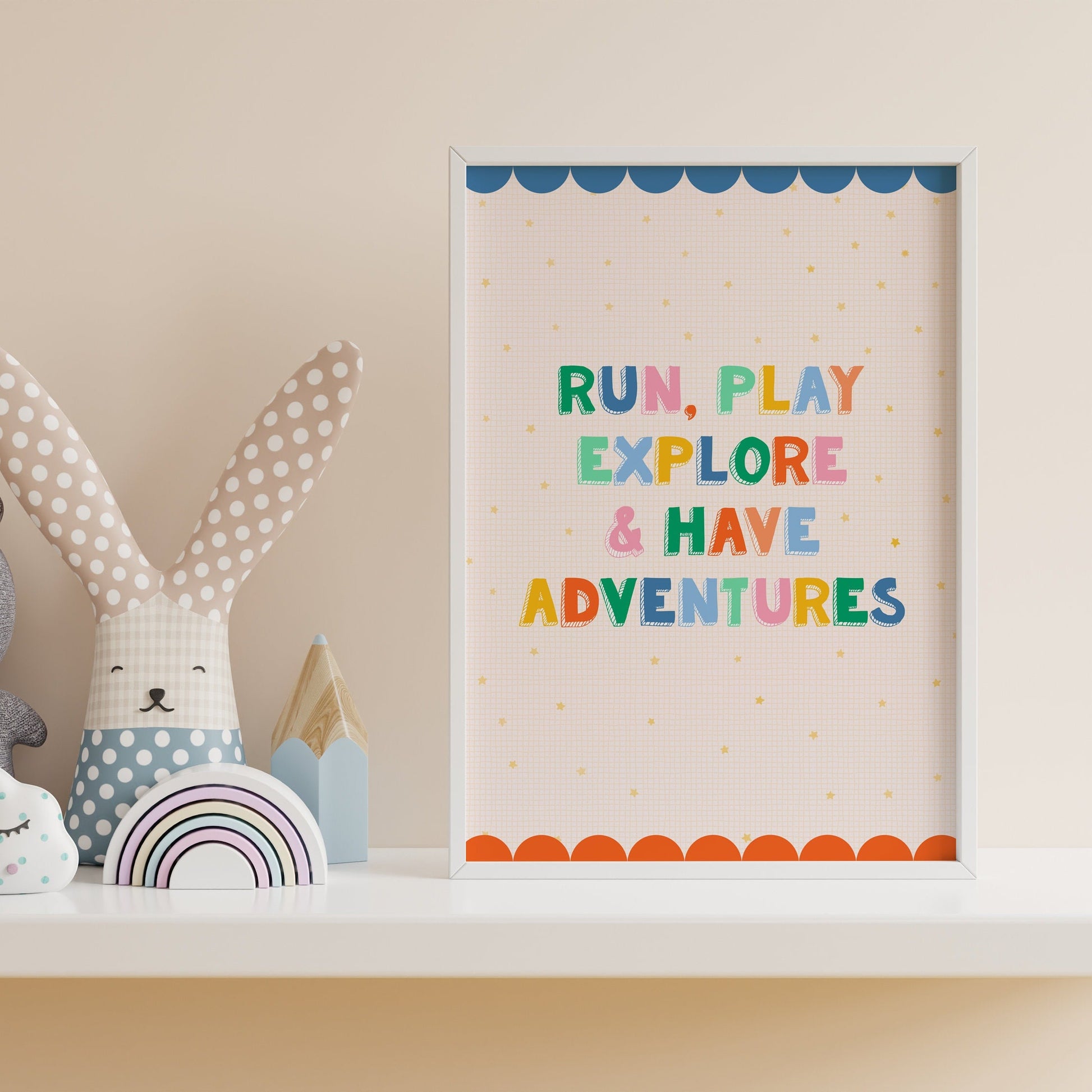 A colourful print for kids rooms or nurseries, saying 'run, play, explore & have adventures'.