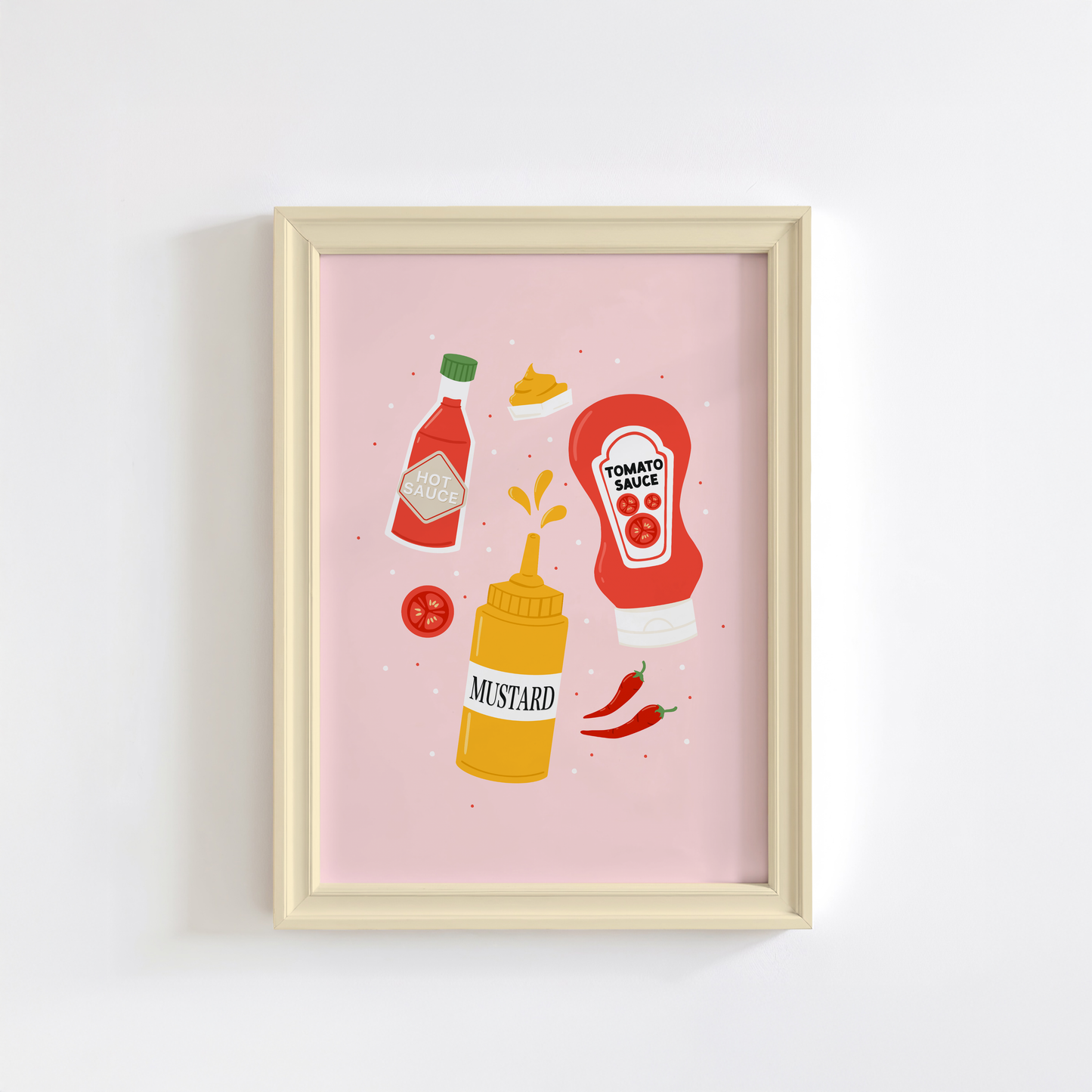 A pink kitchen print, with illustrations of kitchen condiments - hot sauce, ketchup and mustard.