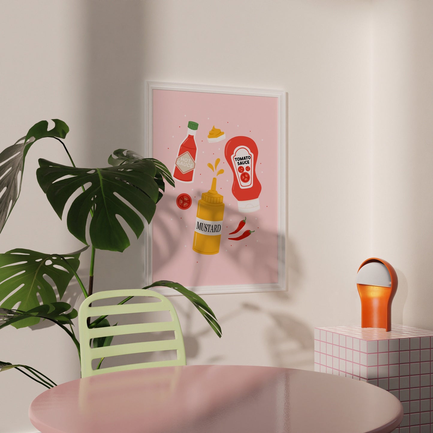 A pink kitchen print, with illustrations of kitchen condiments - hot sauce, ketchup and mustard.