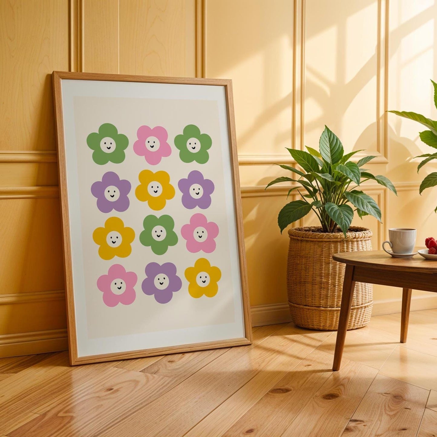 A colourful print with 12 smiling daisies, all in different colours arranged in a grid.