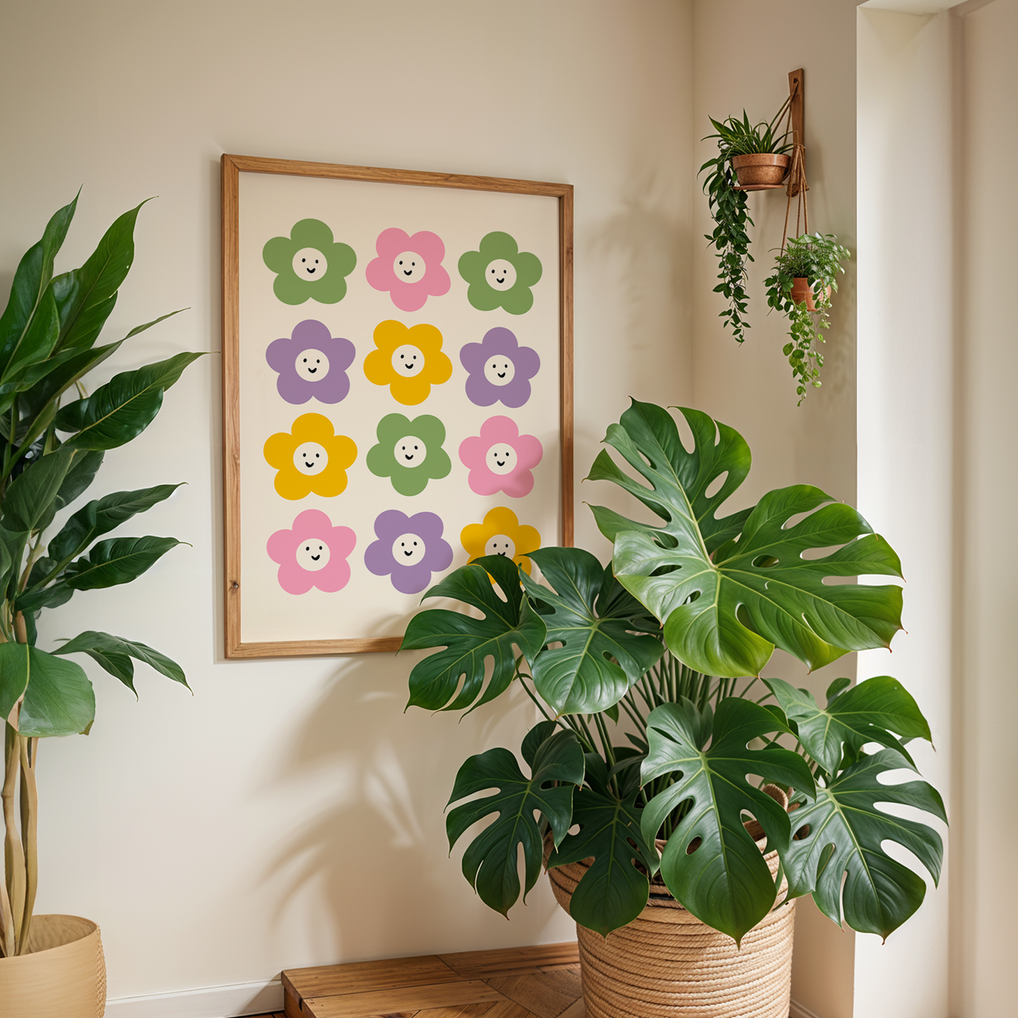 A colourful print with 12 smiling daisies, all in different colours arranged in a grid.