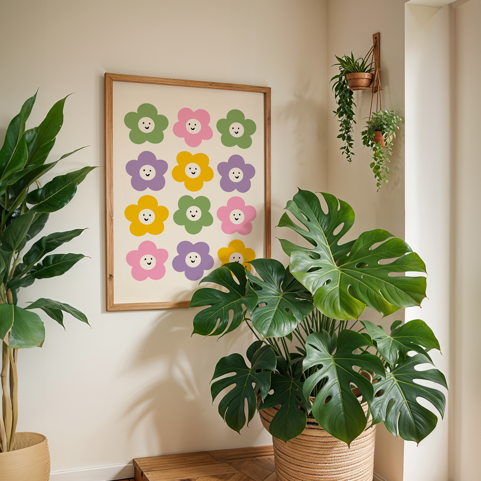 A colourful print with 12 smiling daisies, all in different colours arranged in a grid.