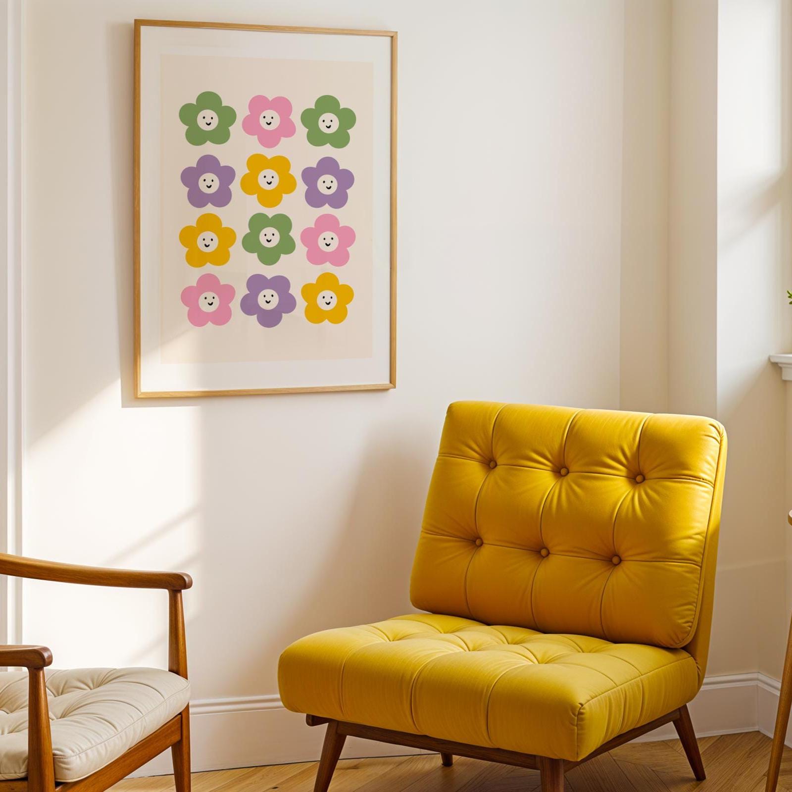 A colourful print with 12 smiling daisies, all in different colours arranged in a grid.