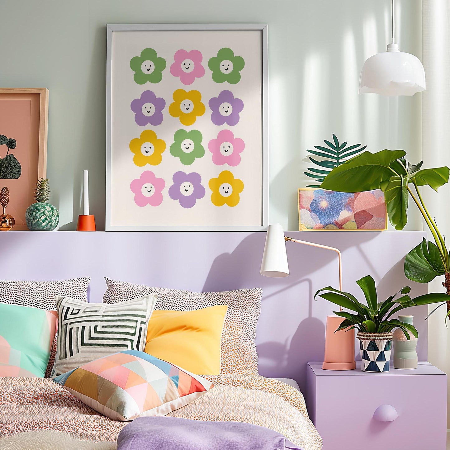 A colourful print with 12 smiling daisies, all in different colours arranged in a grid.