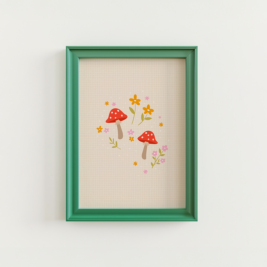 An illustration of a two cute mushrooms in shades of red and pink, surrounded by floral illustrations, shown in a frame.