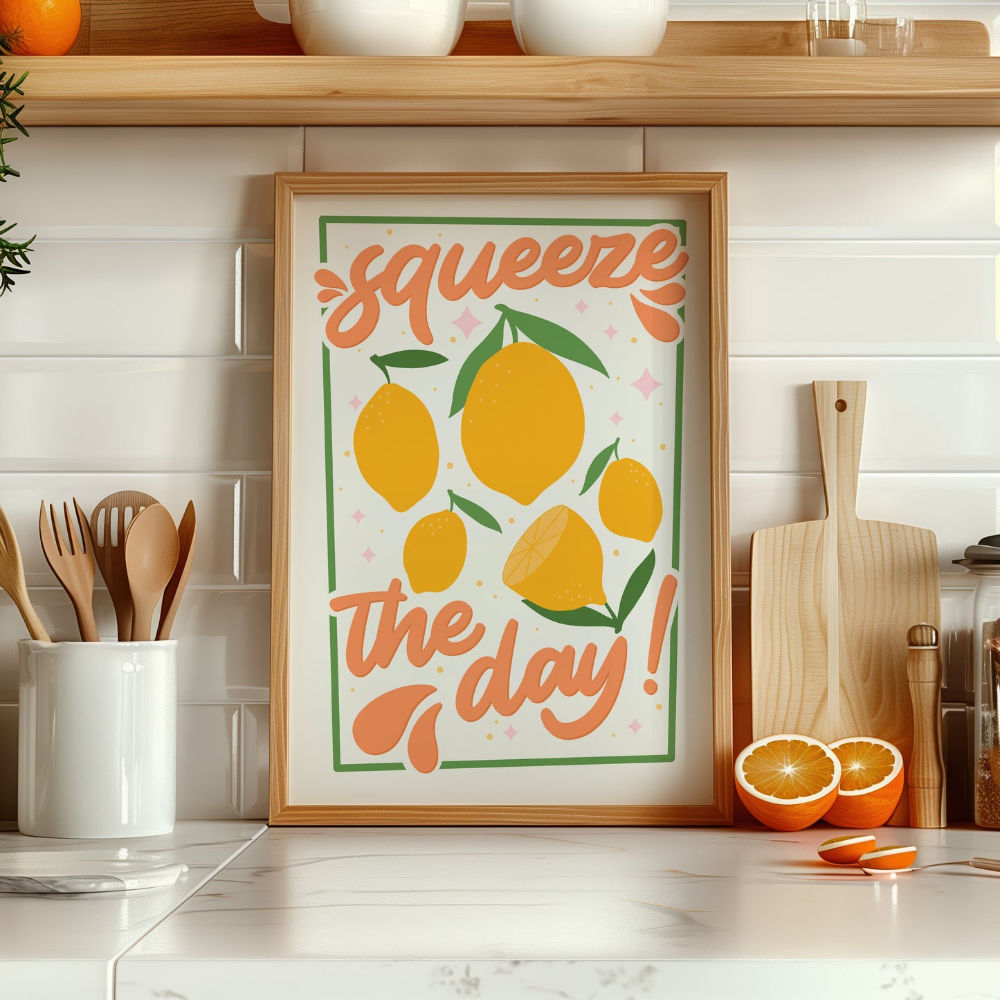 An art print with the text 'squeeze the day!' surrounded by illustrations of lemons and leaves in shades of yellow, green, and orange.