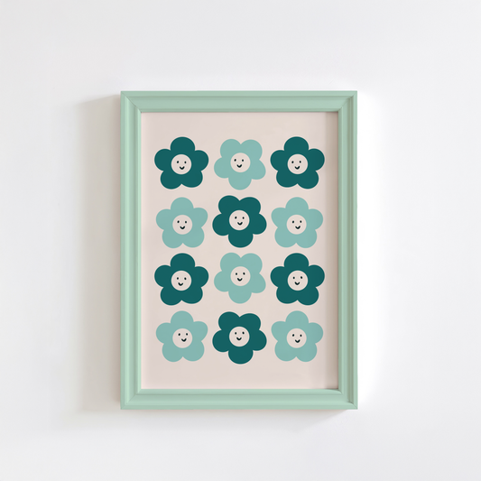 Teal Retro Smiling Flowers Print