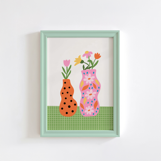 Colourful Vases Print in Pink, Orange and Green