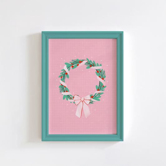 Christmas Wreath Print - Bright Pink Festive Art