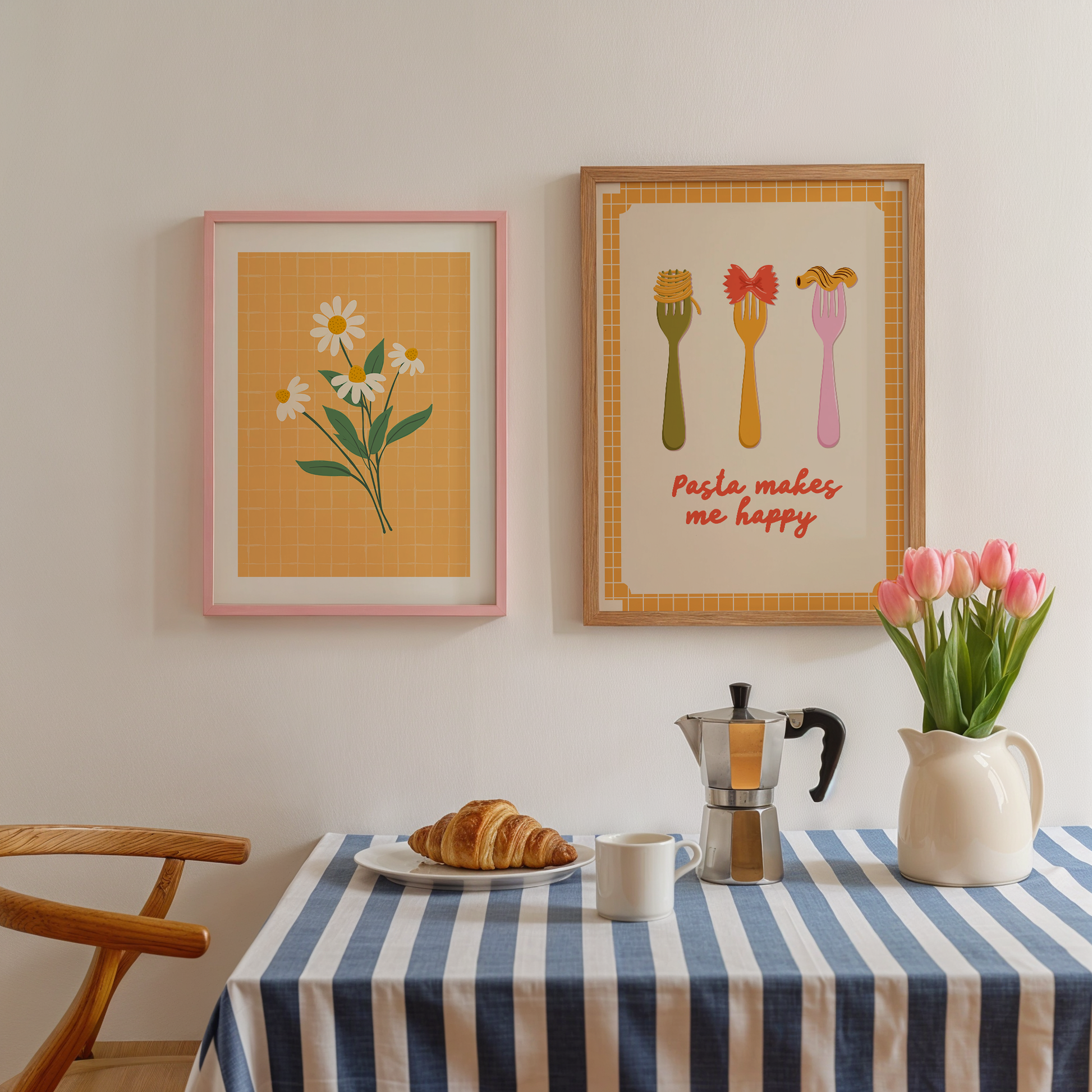 A pasta lovers print, with different shapes pasta on forks, and the words pasta makes me happy underneath. The print is framed by a yellow checked border.