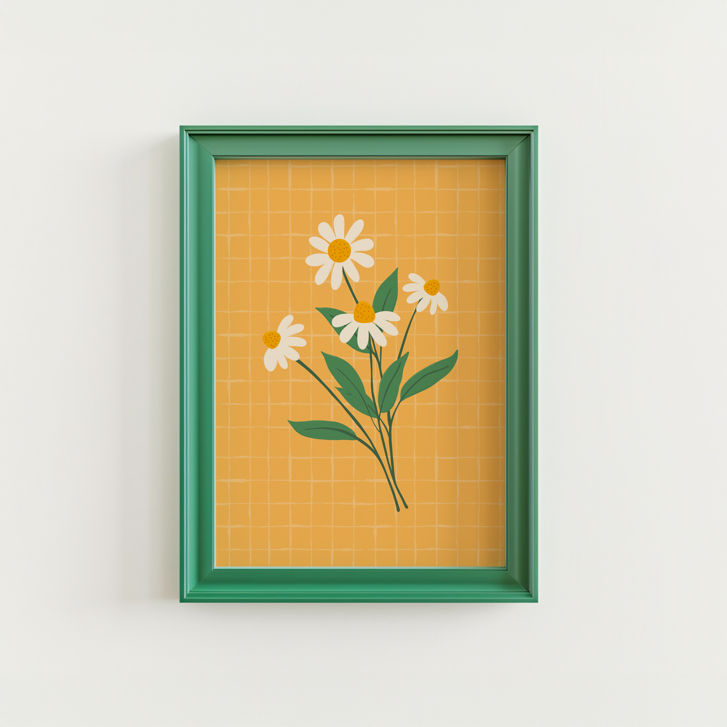 An illustration of a bunch of white daisies, on a yellow checkered background.