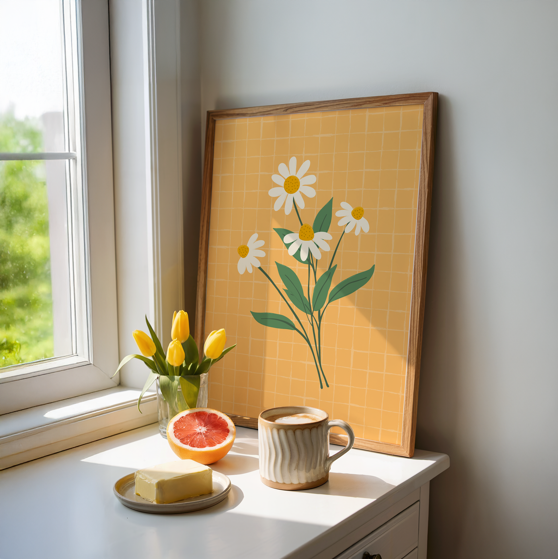 An illustration of a bunch of white daisies, on a yellow checkered background.