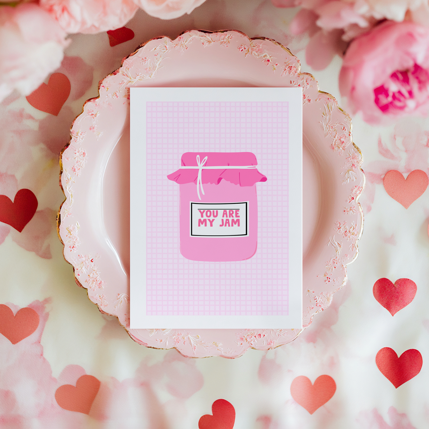 a pink card with a jar of jam on the front, with a label on that says 'you are my jam'.