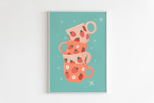Strawberry Mugs Print in Teal