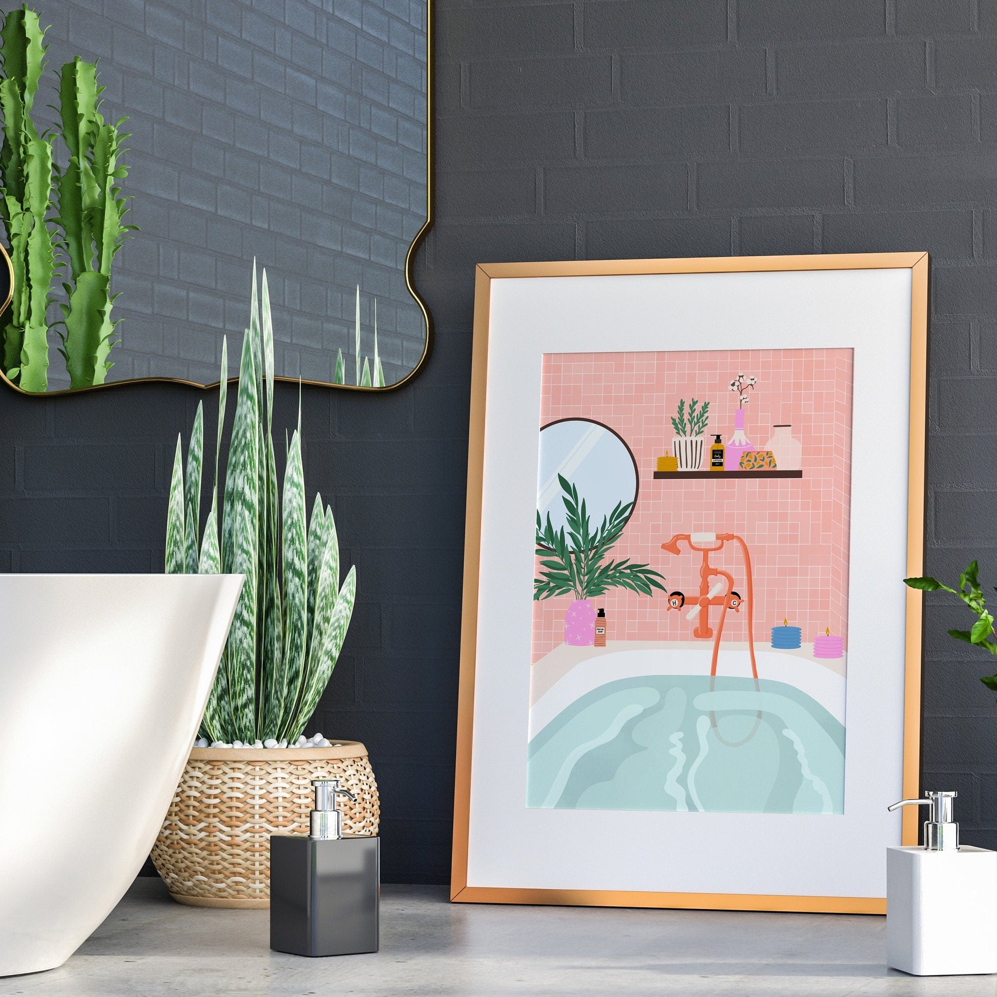 A bathroom illustration print, in shades of orangey pink, blue and green.