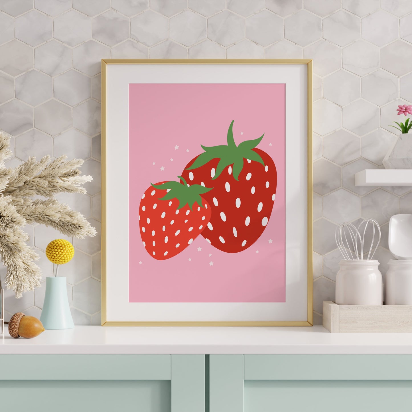 An illustration of two red strawberries, on a pink background.